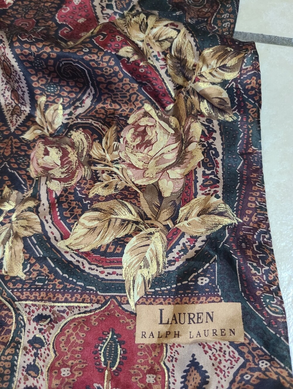 Vintage Lauren By Ralph Lauren Paisley Floral Scarf - Burgundy and Gold - Picture 2 of 7